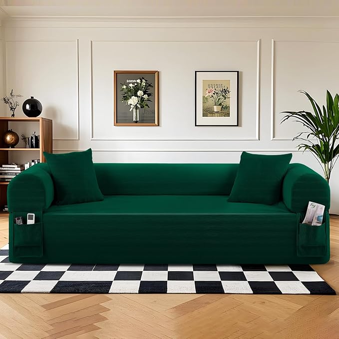 83 Boneless Couch 3 Seater Sofa with 2 Matching Pillows Compact Corduroy Couches for Living Room Side Storage Pockets Floor Sofa with Removable Armrests No Assembly Required Green