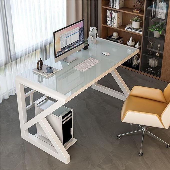 Tempered Glass Computer Desk Home Office Desk Gaming Desk Writing Study Table Workstation for Home Office(White100CM)