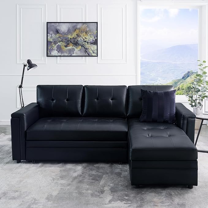 Naomi Home L-Shaped Sectional Sleeper Sofa with USB Ports - Convertible Pull-Out Bed Ample Storage Timeless Design Durable Construction Black/Air Leather