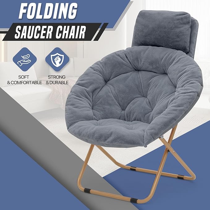 Round Comfy Saucer Chair with Headrest Large Cozy Metal Frame Cozy Lounge Lazy Chair Folding Faux Fur Saucer Chair for Adults Foldable Papasan Moon Chair
