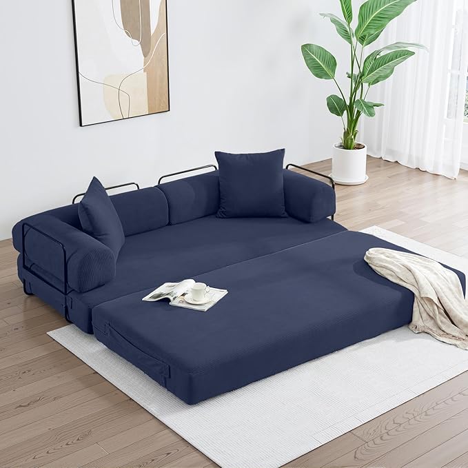 Convertible Sleeper Sofa Bed with Cylindrical Pillow Corduroy Folding Boneless Couch with Fixed-Shape Frame Floor Sofa Lounge Couch for Living Room Bedroom Lounge Studio-Blue