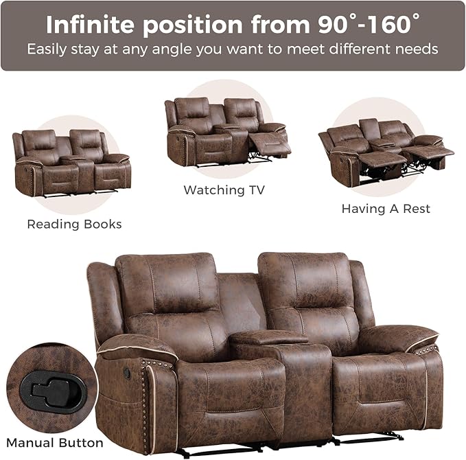 CANMOV Manual Recliner Chair Set Faux Leather Recliner Living Room Furniture Sets 2 Seater Reclining Sofa Chair with Hidden Storage and Cup Holders and Storage Pockets Brown