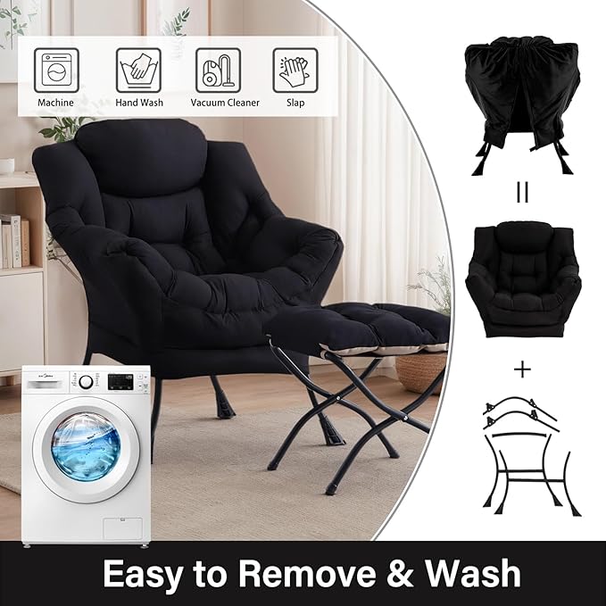 Lazy Chair with Ottoman Large Black Accent Chair with Ottoman Comfy Reading Armchair Leisure Sofa Chair for Living Room Bedroom Dorm Room Office