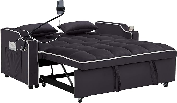 Loveseat Sofa Bed with USB Ports Phone Holder &amp Cup Holders | Convertible Futon Couch for Small Spaces Pull-Out Sleeper Sofa for Living Room &amp Apartments (Grey Double Seat)