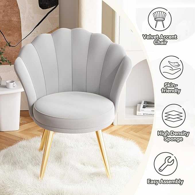Velvet Accent Chair with Gold Metal Legs Vanity Chair for Makeup Room Upholstered Guest Chair for Living Room for Bedroom Grey