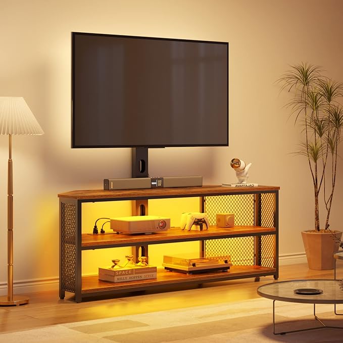 Rolanstar TV Stand with Mount and Power Outlet Swivel TV Stand Mount with LED Lights for 32/45/55/60/65/70 inch TVs Rustic Brown Entertainment Center Media Console with Height Adjustable Mount