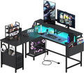 Lufeiya L Shaped Gaming Desk with Led Lights and Power Outlets 47 Inch Corner Home Office Desk with Monitor Stand Shelves Writing Study Computer Desks with Fabric Drawers for Bedroom Black