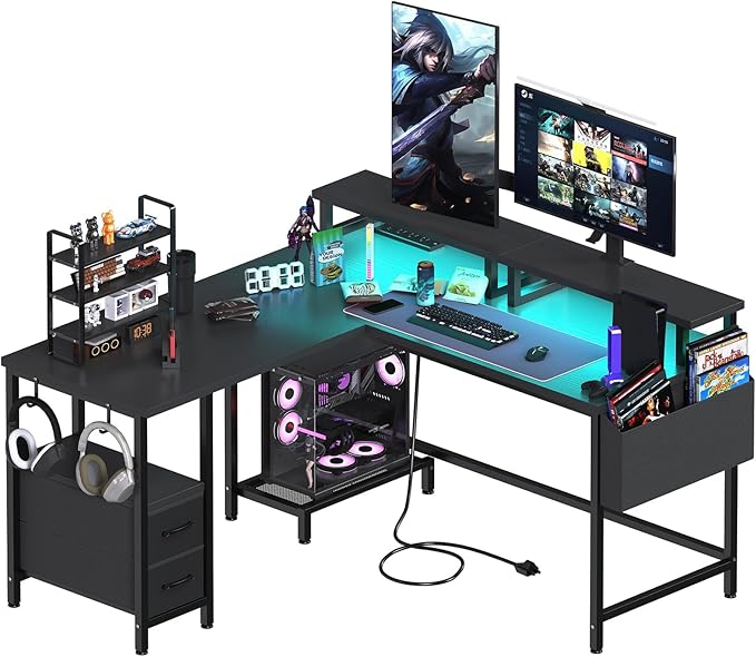 Lufeiya L Shaped Gaming Desk with Led Lights and Power Outlets 47 Inch Corner Home Office Desk with Monitor Stand Shelves Writing Study Computer Desks with Fabric Drawers for Bedroom Black
