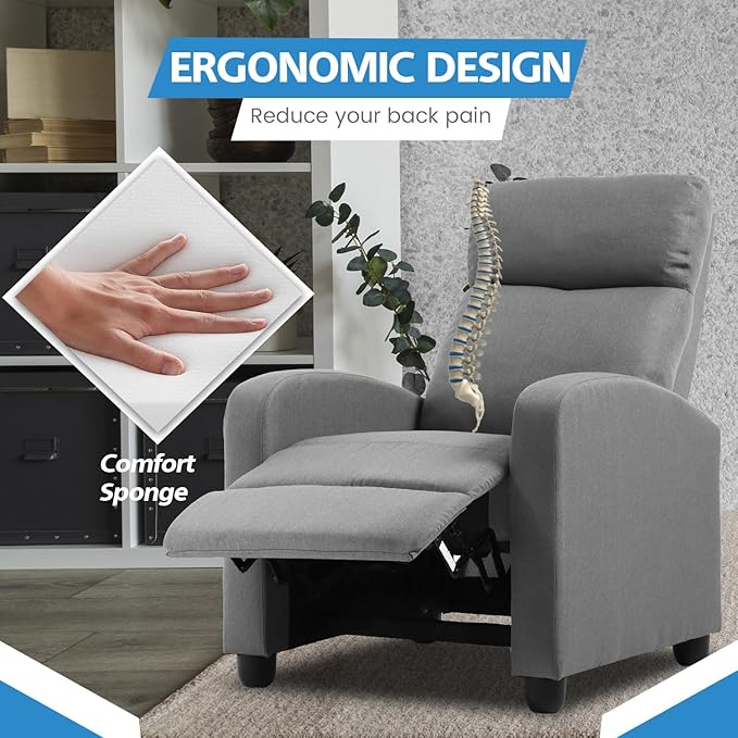 Recliner Chair for Adults Living Room Chairs Reading Chair with Fabric Padded Seat Backrest Modern Reclining Easy Lounge Bedroom Chair Recliner Chair for Bedroom (Grey)