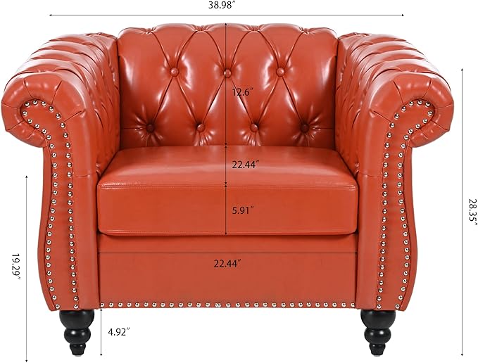 KEIKI 39 PU Leather Chesterfield Sofa with Rolled Arms &amp High Resilience Cushion Modern Style Upholstered 1-Seater Button Tufted Couch with Birch Legs Easy Assembly for Living Room Orange