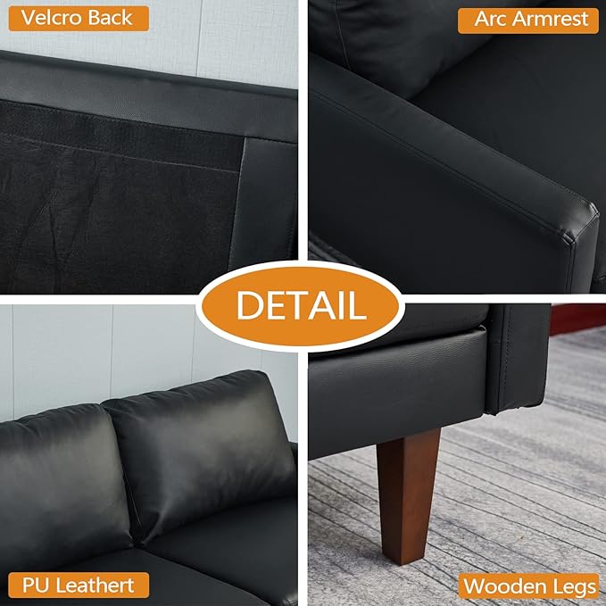 INSTORY Leather Sofa Modern Couch with Wooden Legs for Living Room Office - Black
