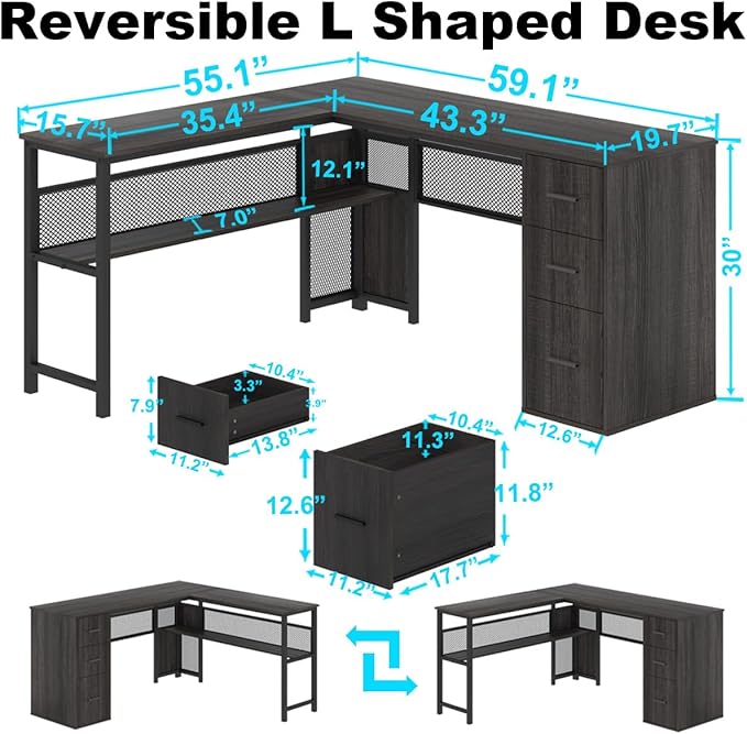 LVB L Shaped Desk Wood Metal Computer Desk with Drawer Industrial Corner Home Office Desk with Storage Cabinet for Bedroom Dark Gray Oak 59 Inch