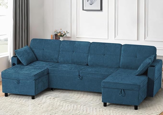 110 Inches Chenille Sectional Sofa w/Pull Out Sofa Bed &amp Adjustable Back Tufted U Shaped Couch w/Two Storage Chaises Sleeper Sectional Sofa w/USB Port &amp Cup Holders for Living Room Blue