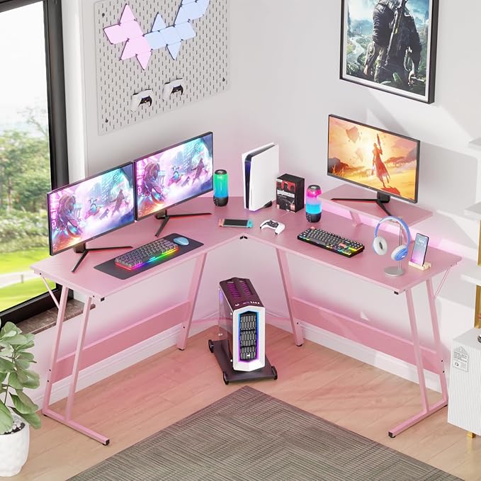 FDW L Shaped 51 Inch Gaming DeskCorner Computer DeskPC Gaming DeskWriting Workstation with Large Monitor Stand for Home OfficePink