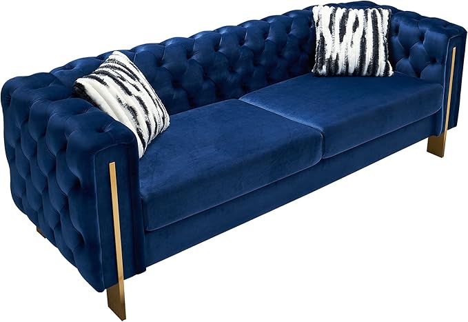 Chesterfield Modern Tufted Velvet Living Room Sofa with High Armrest and Metal Legs Decor 84.25''W 3 Seater Couch Couches Furniture for Bedroom Office (Blue)