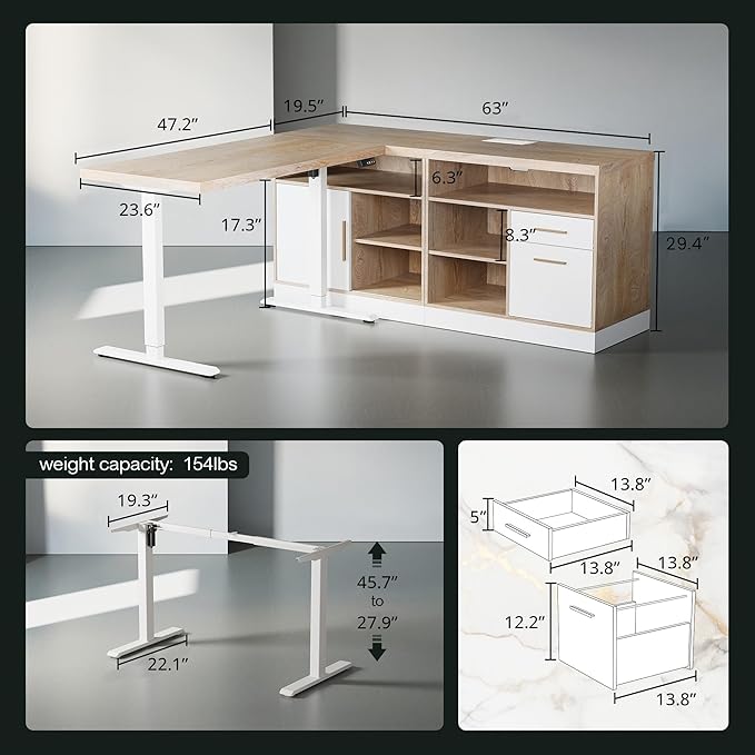 67 L-Shaped Electric Standing Desk with File Cabinet 1.18 Desktop Adjustable Height Executive Table Stand Up Desk with 3 Drawers Rolling Filing Cabinet for Home and Office Light Walnut