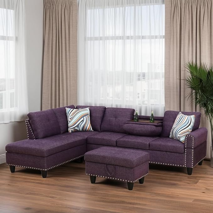 L-Shaped Sectional Sofa with Movable Chaise &amp Storage Ottoman Lounge 3-Piece Modular Convertible Couches for Living Room Apartment &amp Office Deep Purple