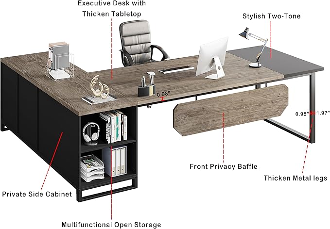 Oigavfd 70.8 L Shape Executive Desk with File Cabinet and Printer Stand L Shaped Computer Desk with Storage and Metal Frame Corner Desk for Home Office (Retro Gray &amp Black)