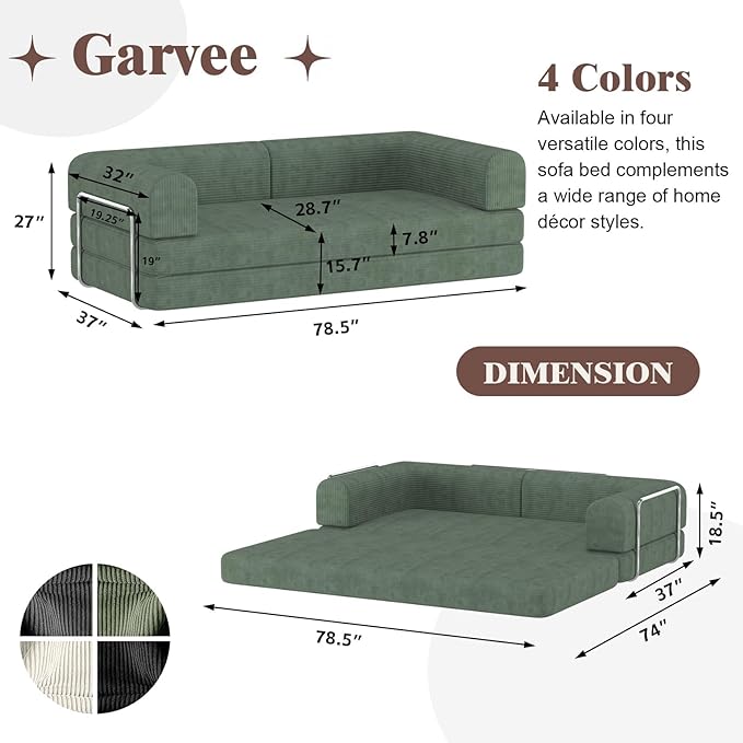 Convertible Corduroy Sleeper Sofa BedFolding Mattress Couch with Fixed-Shape Frame 3 Seater Fold Out King Size FutonNo Assembly Floor Couch for Living Room Dorm Studio 78.7*39.4*29.6 Inch Green
