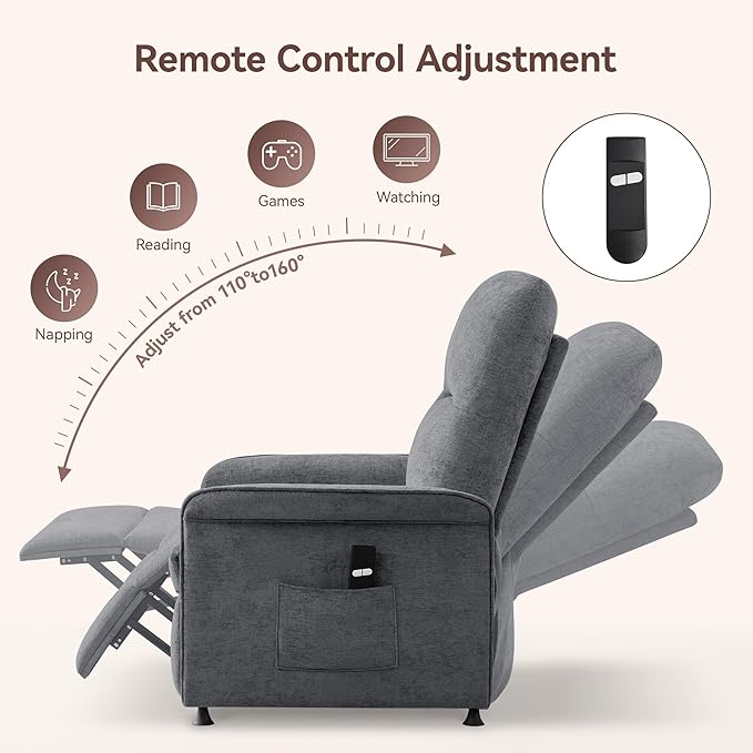 Power Recliner Chair for Adults Modern Reclining Single Sofa with Curved Armrest Comfy Ergonomics Electric Recliner Adjustable Reading Chair for Living Room Bedroom Chenille Light Grey