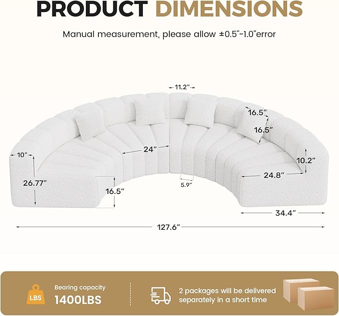 Oversized Curved Sofa 4 Seater Modular Velvet Cloud Couch Modern Boneless Sectional Couches for Living Room No Assembly Required White 1PC