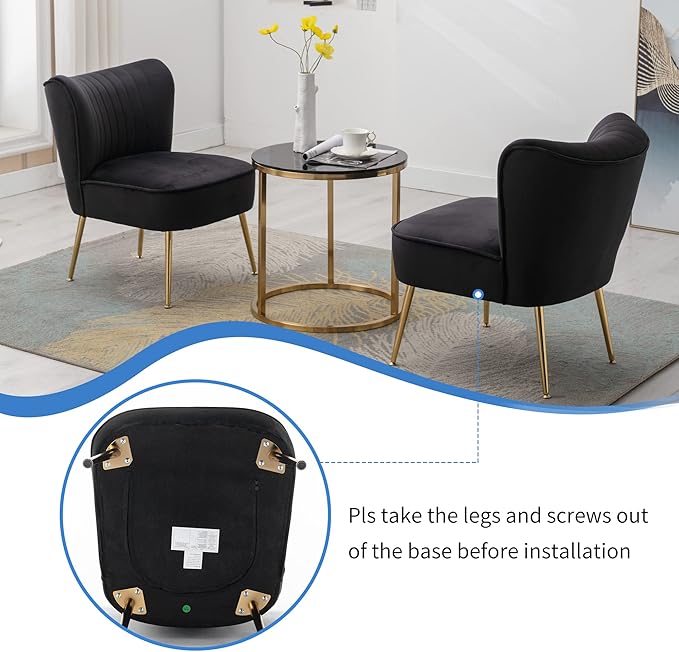 KCC Modern Velvet Upholstered Accent Chair Set of 2Mid Century Living Room Chairs with Golden LegsComfy Armless Chair Wingback Single Sofa Side Chair for BedroomBlack