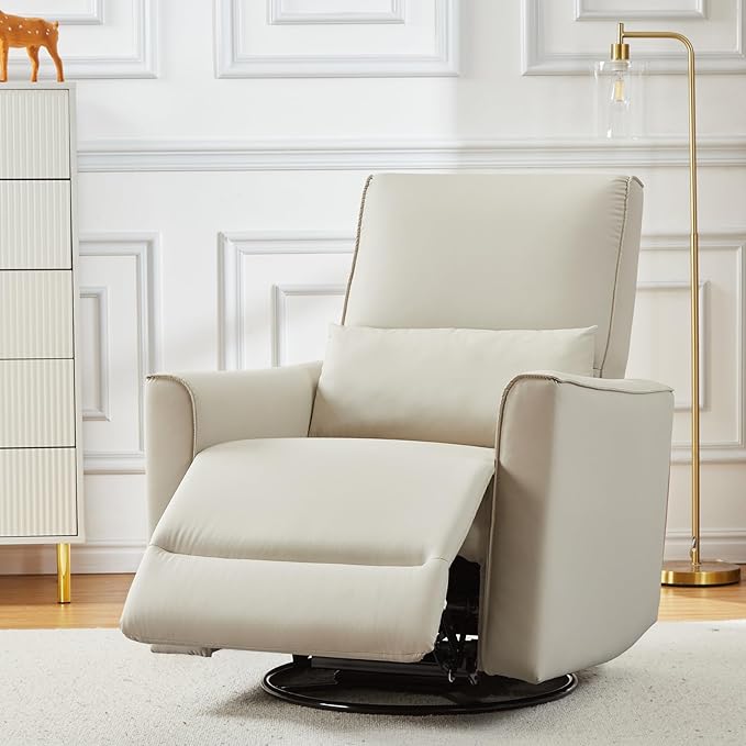 IDEALHOUSE 360° Swivel Glider ChairUpholstered Fabric Glider ReclinerErgonomic Single Sofa ArmchairFaux Leather Manual Glider for Living Room Bedroom Nursing Use(Beige)