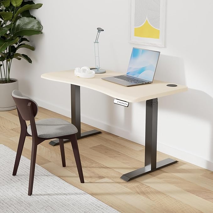 Vari Ergo 54x26 Electric Standing Desk – Height Adjustable Sit Stand VariDesk + Curved Waterfall Edge 4 Memory Settings Quick Assembly Cable Management 200 lb Capacity – Light Wood (2 Boxes)