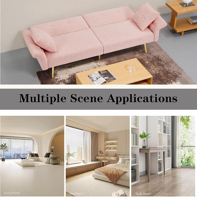 Pink Modern Teddy Velvet Convertible Folding Futon Couch Sofa Bed Adjustable Pillow Top Arm Memory Foam Couch Double Love Seat Sofa for Compact Space Dorm Apartment Bedroom Loveseat (Pink)