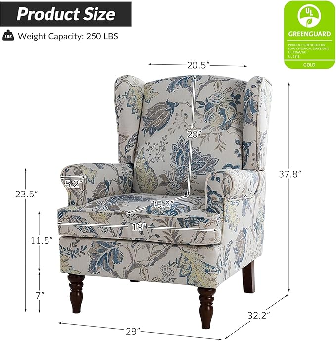 HULALA HOME Wingback Accent Chairs Set of 2 with Retro Wood Legs Traditional Fabric Armchairs for Living Room Bedroom Comfy Upholstered Sofa Chairs Reading Chairs with Unique Pattern Design Blue