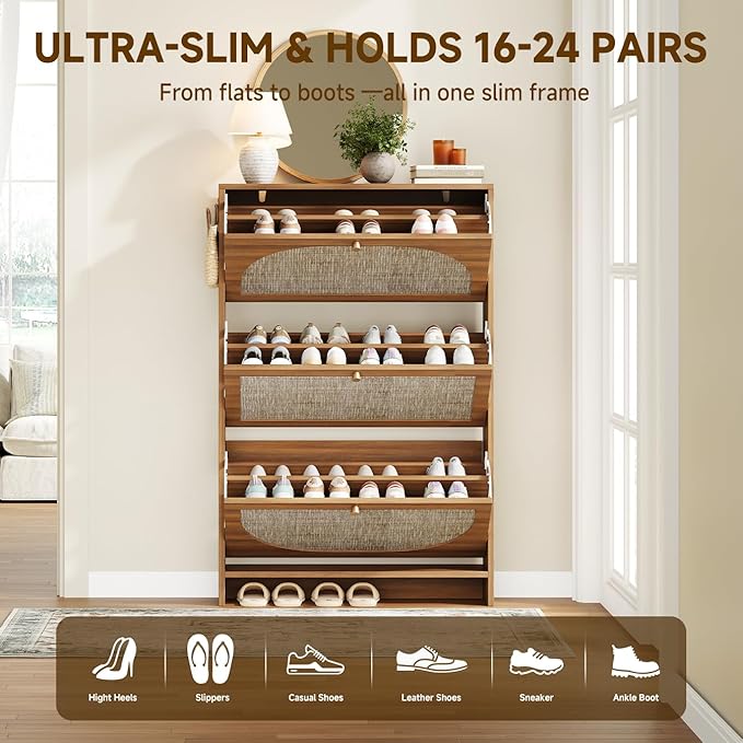 Nicetree Freestanding Ultra Slim Arched Rattan Accent Shoe Storage Cabinet for Entryway - 3 Flip Drawers &amp 3-Tier Adjustable Shelves Farmhouse Modern Rustic Shoe Rack for Hallway FoyerOak