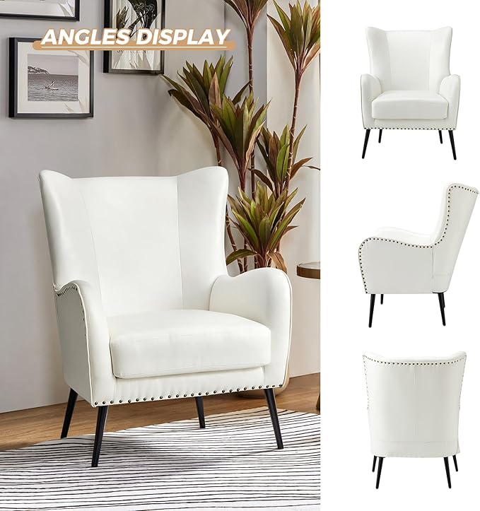 HULALA HOME Faux Leather Accent Chair with Removable Cushion Comfy Upholstered Armchair with Black Metal Legs &amp Nailhead Trim Wingback Vanity Chair for Reading Living Room Bedroom Ivory