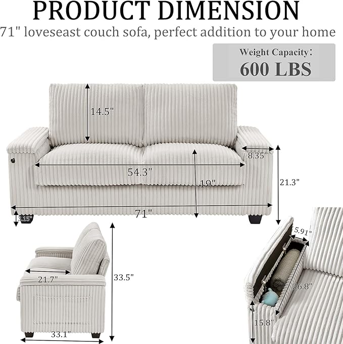 Anwick 71 Modern Loveseat Sofa Corduroy 2-Seater Couch with Storage Armrest USB Charging Port &amp Side Pockets Small Sofa for Living Room Bedroom Office Apartment (Beige)