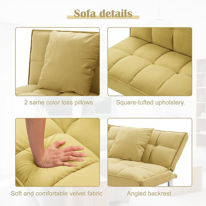 68 Modern Sofa Bed FutonConvertible Sleeper Bed Couch with 4 Reclining BackrestComfy Velvet Cloud Sofa Loveseat for Living Room Bedroom Office (Yellow)