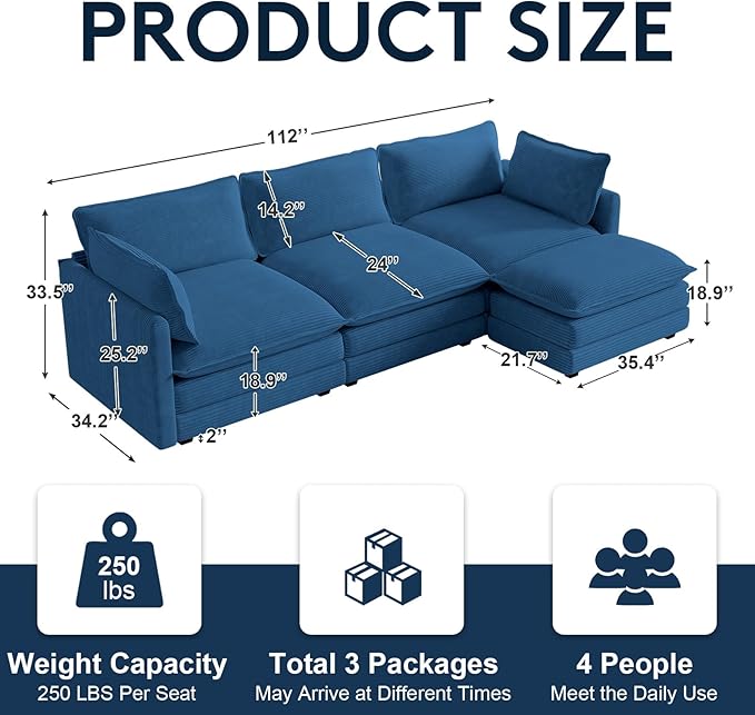 112 L Shaped Couch Modern Modular Sectional Sofa with Movable Ottoman 4-Seater Comfy Cloud Couch with Corduroy Deep Seat and Pillow for Living Room Bedroom and Apartment Blue