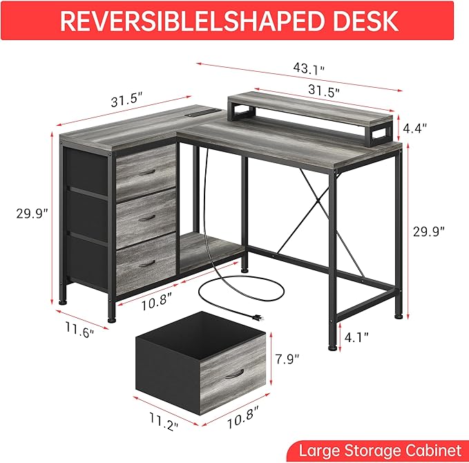 Hetoy L-Shaped Computer Desk with Charging Station – Corner Gaming Desk with LED Lights Drawers &amp Storage Shelves for Home Office Use Oak