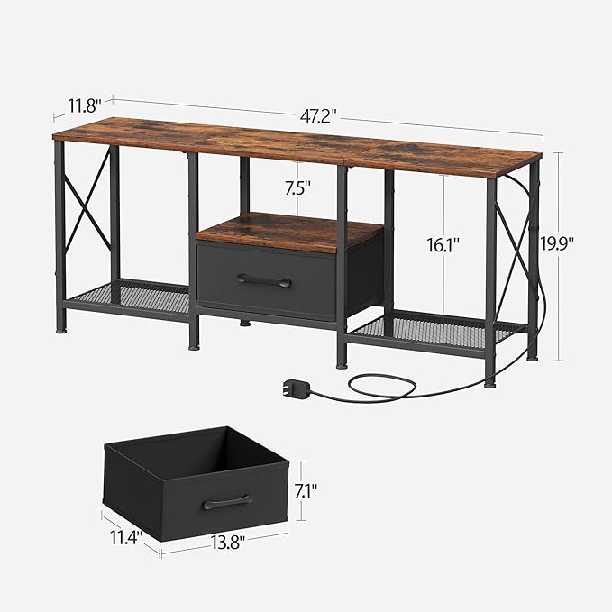 LED TV Stand with Fabric Drawer Entertainment Center for 50 55 Inch TV Industrial TV Console Table with Open Storage Shelves for Living Room Bedroom Rustic Brown