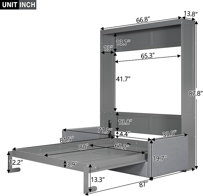Linique Queen Size Murphy Bed with Sofa and Top Shelf Horizontal Wall Bed Versatile Convertible Wooden Bed Frame Grey 87x66.8