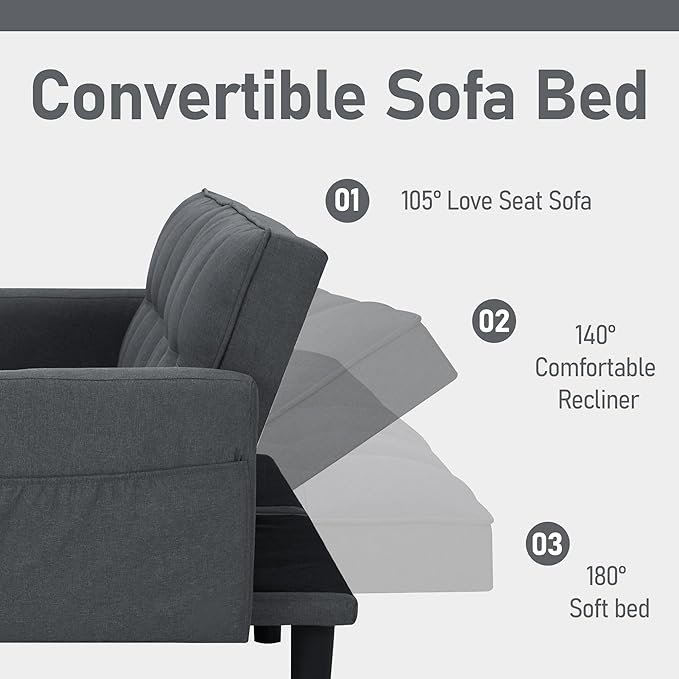 AVAWING Futon Sofa Bed Modern Linen Fabric Convertible Upholstered Couch with Adjustable Back Arms and High Strength Nylon Legs for Living Room Apartment Office (Grey)