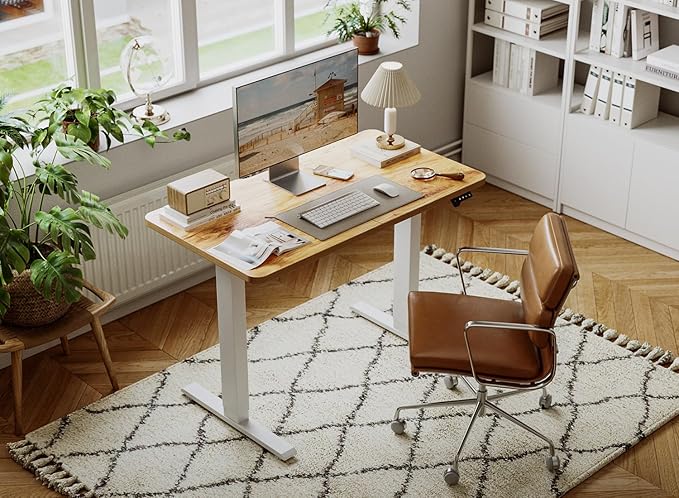 BANTI Small Electric Standing Desk Stand up Height Adjustable Home Office Table Sit Stand Desk with Splice Board 44x24 Light Rustic Brown Top