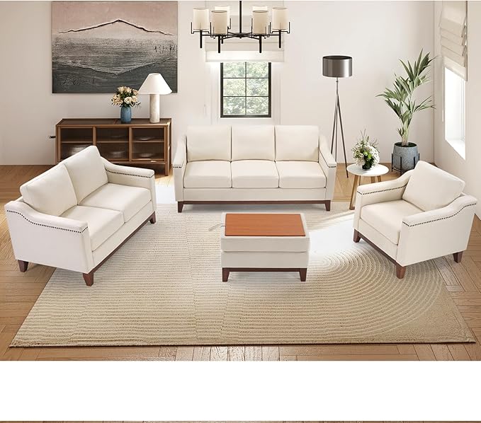 Modern 3 Piece Sofa Set with Rivets Included Chenille Accent Chair and Upholstered Loveseat 2-Seater Couches Set of 2 with Solid Wood Legs Living Room Furniture SetBeige