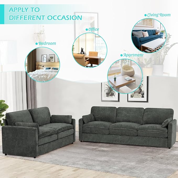 89” Chenille Sofa w/Arm Pillows Upholstered 3-Seater Sofa w/Comfortable Back Cushions Modern 3 Seats Couch w/High-Density Foam for Living Room Apartment Office Grey