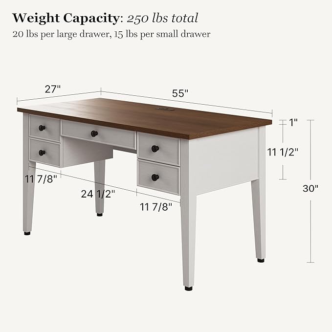 EUREKA ERGONOMIC Farmhouse Writing Desk 55 Executive Office Desk with 3 DrawersKeyboard TrayMid-Century Modern Computer Desk w Solid Wood LegsBirch FinishAntique White