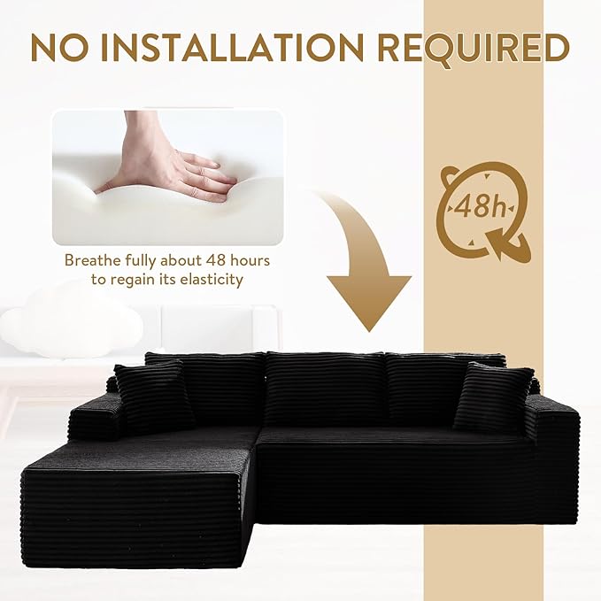Cloud Sectional Couch with L-Shape Chaise 105 Modern Minimalist Modular Sectional Sofa Fluffy Corduroy Upholstered Couches for Living Room No Assembly Required (Black Left Facing Chaise)