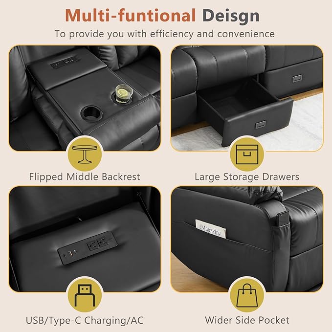 AHMED 3-Seat Manual Reclining Sofa Faux Leather Recliner Couch with Flip-Down Console Home Theater Seating with Cup Holders USB Ports &amp AC Outlet Storage Drawer for Living Room/RV Black