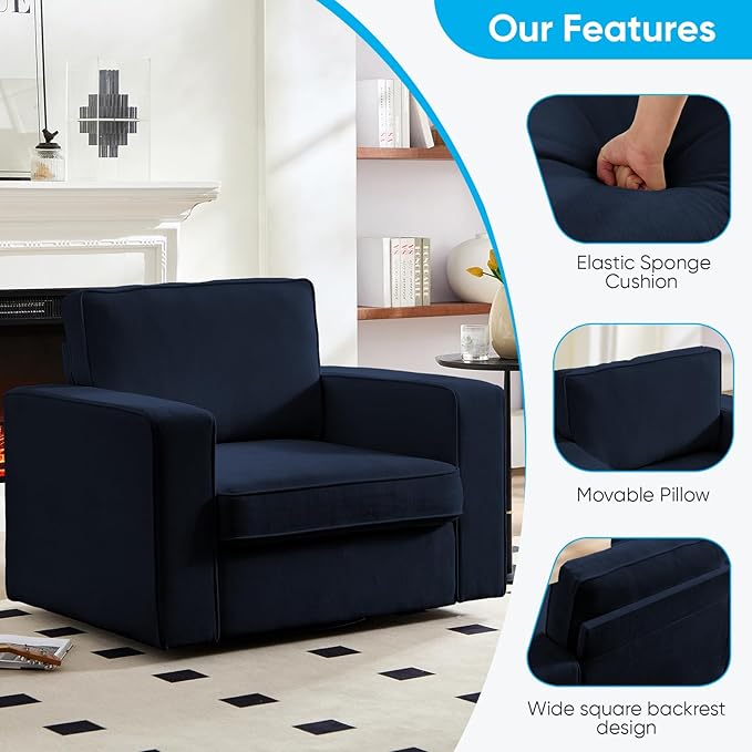 Mjkone Upholstered 360° Swivel Accent Chair with Metal Base Modern Chenille Swivel Single Sofa with Wide Armrests Mid-Century Single Sofa Square Reading Chair for Living Room Office Deep Blue