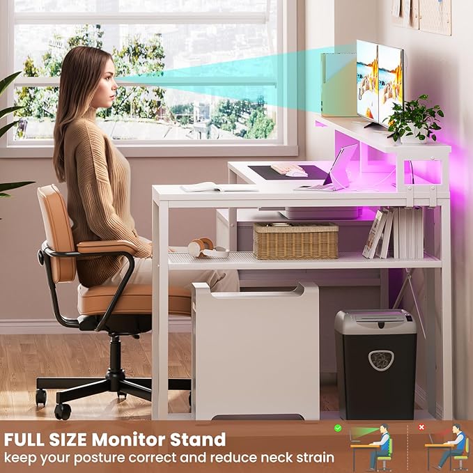 Aheaplus L Shaped Desk with File Drawer Reversible L Shaped Computer Desk Gaming Desk with Power Outlet &amp LED Strip Home Office Desk with Monitor Shelf Corner Desk with Storage Shelves White