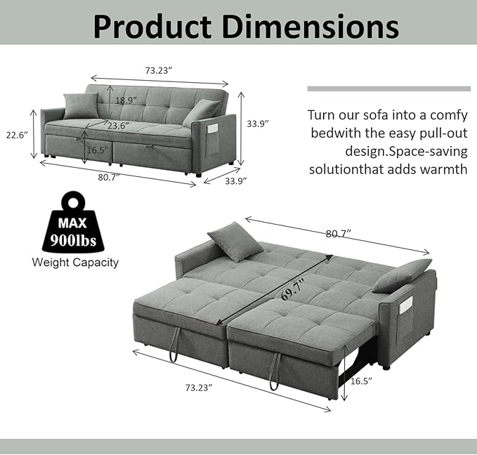King Size Pull Out Sofa Bed 4-in-1 Convertible Sofa Bed Couch Chenille 3 Seaters Sofa Sleeper with Dual Pull Out Bed &amp Adjustable Backrest for Living Room Gray