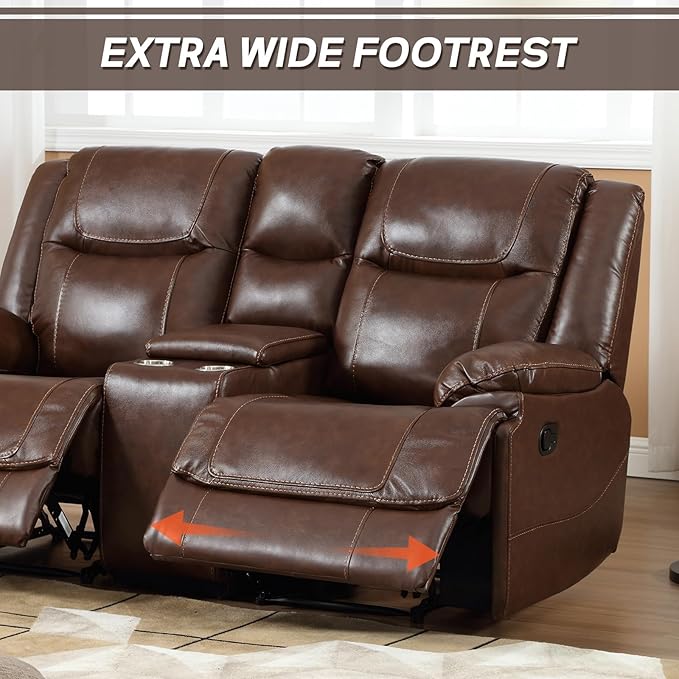 EBELLO Genuine Leather Manual Loveseat Recliner Reclining Sofa Chair with Cup Holder Hidden Storage Couch Set for Living Room Bedroom FurnitureMeeting Room Brown (Loveseat)