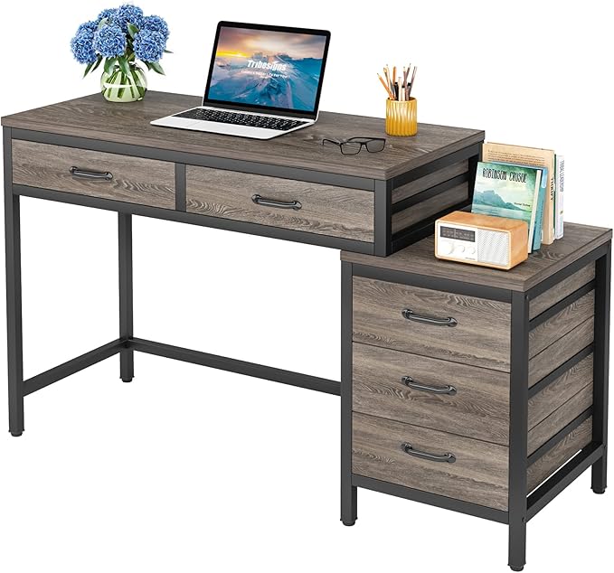 Little Tree 5 Drawers Computer Desk Desk with Reversible File Drawer Cabinet for Home OfficeGrey